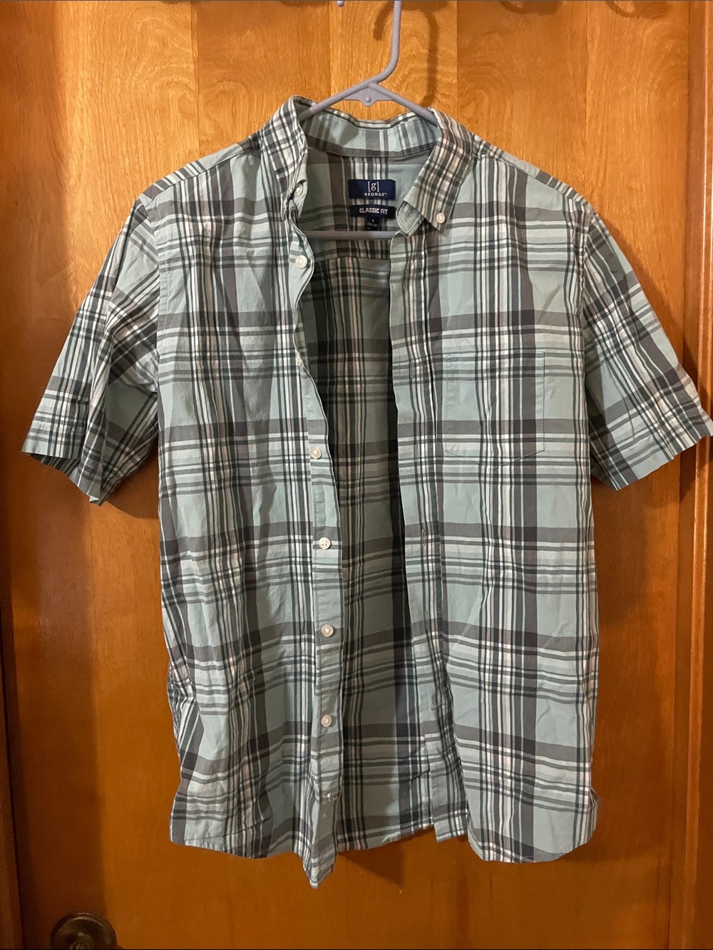 George Light Green and Gray Plaid Short-Sleeve Button-Down Shirt